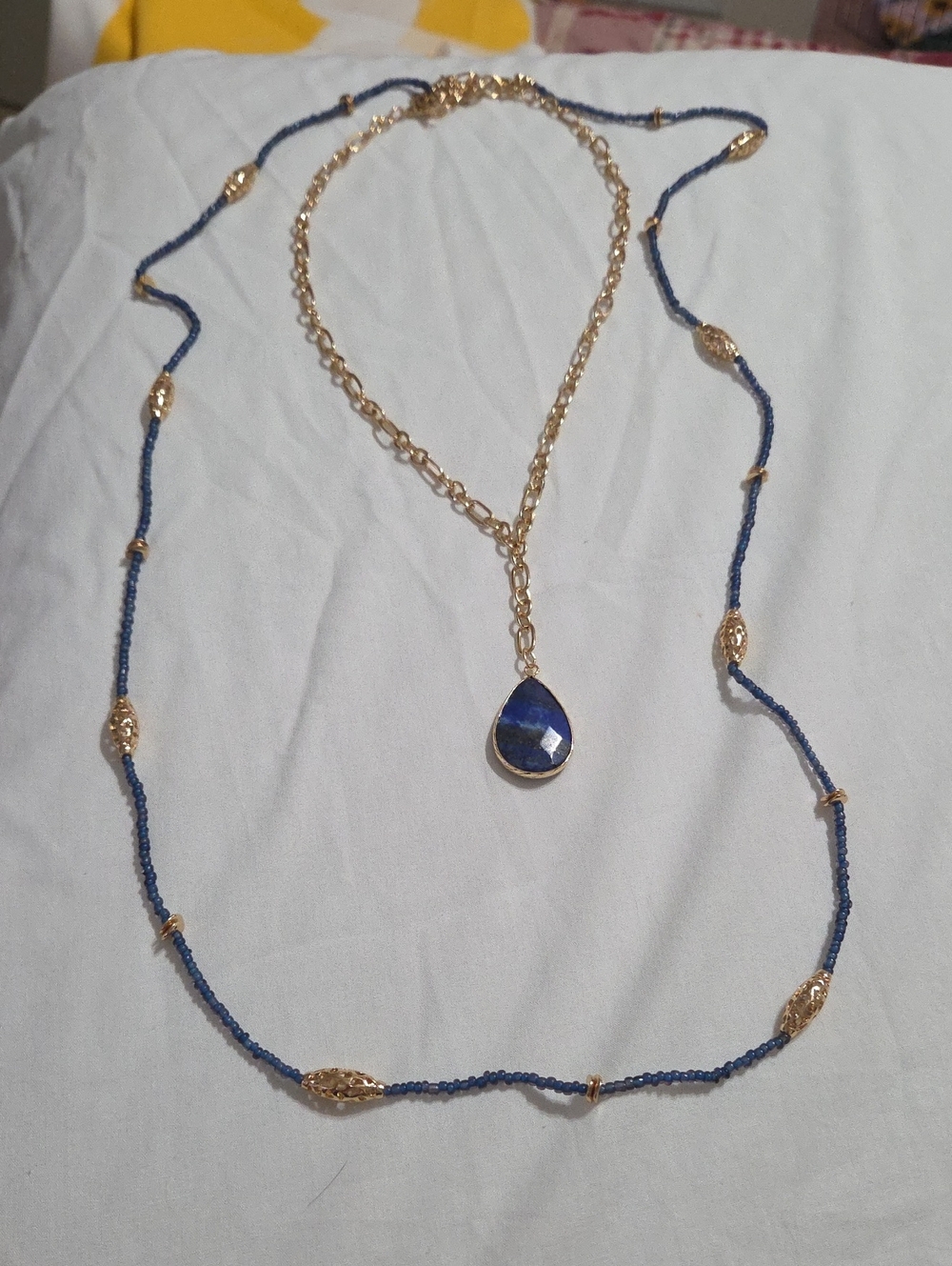 Chico's Gold-Tone Necklace with Blue Teardrop and Beaded Strand